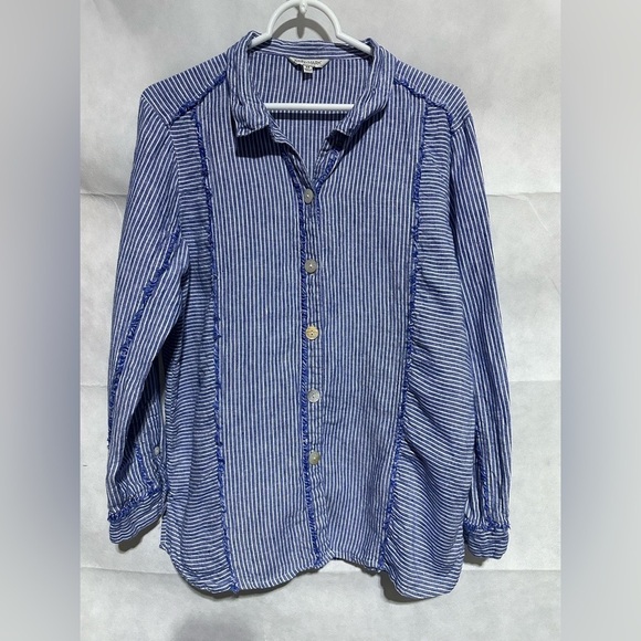John Mark Tops - John Mark Shirt Women’s M Blue White Striped 100% Linen Button Down Roll Tab